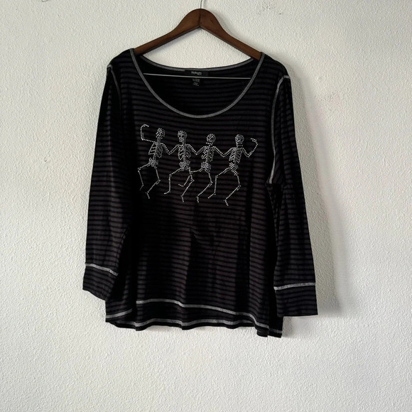Jeweled Dancing Skeleton Striped Halloween Top Festive Cozy 1X - Picture 6 of 11